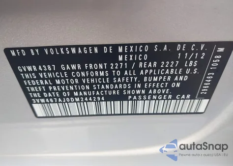 2013 Volkswagen Jetta Gli z USA, uszkodzony, nr VIN 3VW467AJ0DM244294